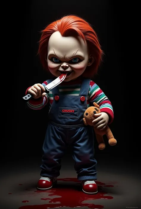 Chucky licking a knife  with a path of blood and in his other hand a dead plush cartoon black background 