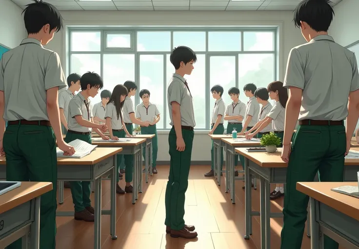  A huge classroom full of 17 and 18 year old students in uniforms:  white shirt with buttons and short sleeves , leather belt,  pants with clover green squares and white perpendicular lines ;  and brown leather shoes  ( in the case of boys ),  white shirt ...