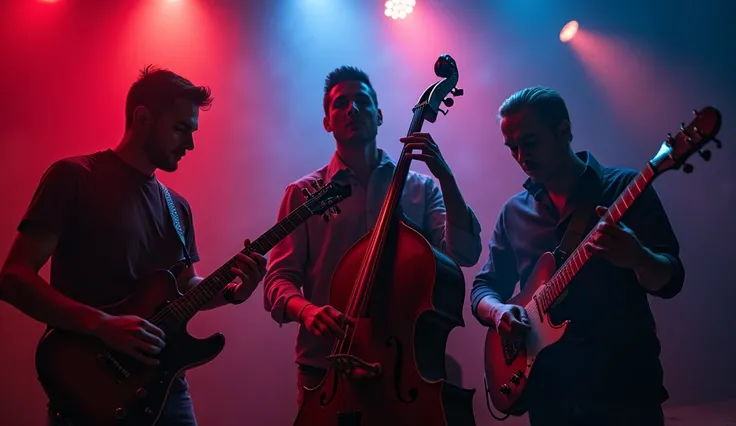 3 musicians man and woman playing music, detailed instruments, dramatic lighting, moody atmosphere, dark and intense colors, cinematic composition, cinematic lighting, dramatic pose, dynamic movement, high contrast, chiaroscuro lighting, dramatic shadows, ...