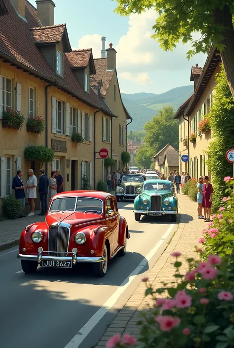 Des voitures anciennes sur la Nationale 5 traversent un village en France dans les années 50