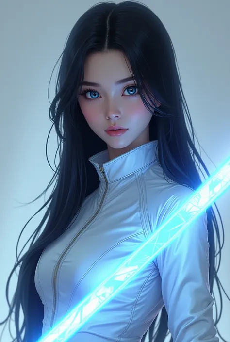 Create a young woman character  (19 years old), arcana,  white skin , 1.67m,  long straight black hair , light blue Asian eyes , feminine and youthful aura ,  with arcane female costume futuristic in the color white with traces of blue energy.
 She carries...