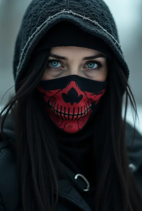  Russian woman of somewhat tall stature with a good physical condition wearing a completely black military uniform ,  with a balaclava with a red skull that reveals her calm but cold as ice blue eyes, her hair was black and long and she had a scar on her r...