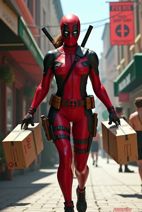 Woman photo dressed as Deadpool delivering from Fiurinos shop