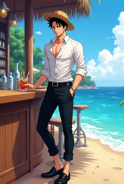  Luffy handsome anime man tall strong smiling black eyes short black hair,  formal black pants unbuttoned white shirt black shoes straw hat,having a drink at the hotel bar near the sea  , Full body anime style