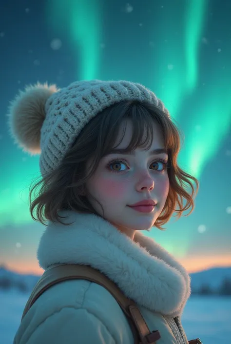 woman short ombre wavy hair hazel big eyes, button nose, aurora borealis in the sky, dressed up in cozy winter white clothes and a russian white small hat