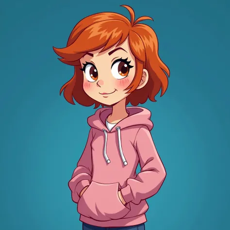 a ginger short haired woman brown eyes soft makeup hoodie clothes blue blackground cartoon style total drama island cartoon style
