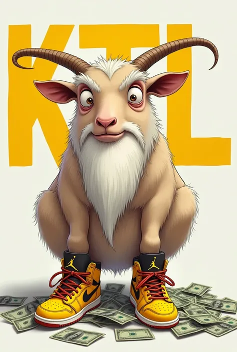 Anime image Goat old goat with yellow Air Jordan on his paws and money on the floor and yellow letter KTL in the background of the imanhen