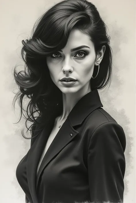 fascinating color retro sketch in charcoal, portrait of a beautiful European woman from the 70s, stylized, dramatic eye makeup from the 70s, fitted cut, charcoal shade and thin lines, charcoal (medium)