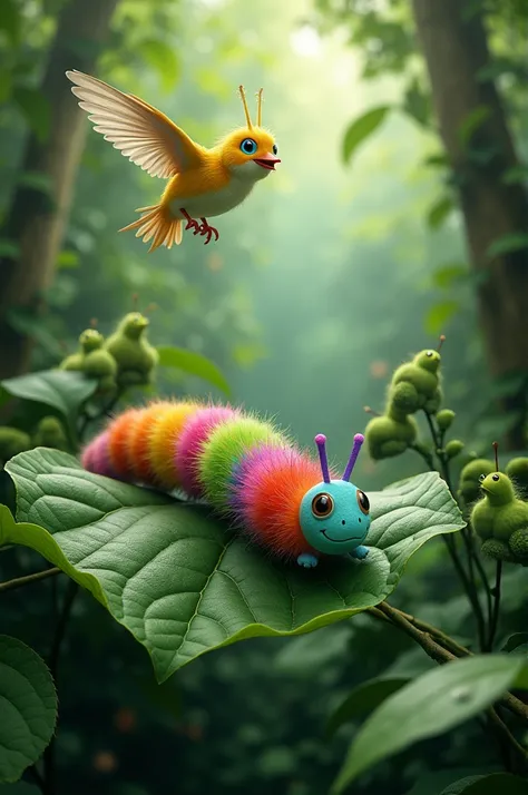 A rainbow-colored caterpillar on a leaf with a bird flying away in fear, while the green caterpillars watch in amazement. The background shows dense green leaves and branches."