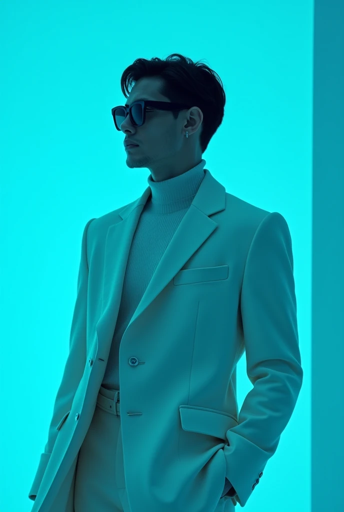 The best cell phone wallpaper, Award-Winning  blue tone, Wearing a very modern coat and sunglasses is a modern 1960s style, Clothes all in one color, beautiful background