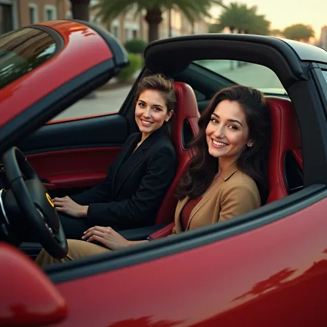 Place two people’s heads inside a Ferrari sports car. The left person’s head should naturally fit into the driver’s seat on the left side, and the right person’s head should fit into the passenger seat on the right side. The faces should be well-lit, reali...