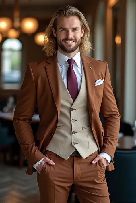 A realistic image features a male model with a light beard, exhibiting a fit and well-proportioned body with muscular arms and athletic legs. He has long blonde hair and blue eyes that add to his attractive appearance. He is dressed in a stylish Turkish br...