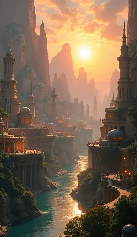 A grand utopian city depicted in an artistic style, blending ancient Greek architecture with advanced, futuristic elements. Towering marble structures, flowing water canals, and a radiant sunset reflecting off crystalline domes. The atmosphere is serene, w...