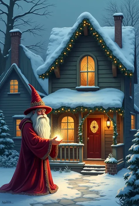 A Christmas wizard putting a gift in a house that is neither modern nor very old