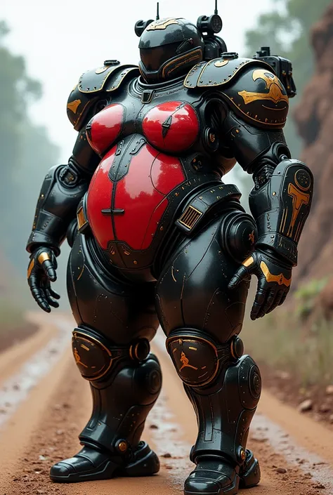 Armored vehicle, mainly black and red with some gold highlights, tanky but not too tanky, large boobs, really wide hips, humongous ass, gigantic boobs, voluptuous, overweight