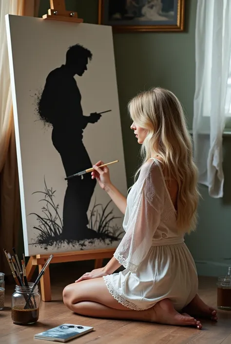 perfect body blonde woman with fit slim body waist sits on her knees on the floor. She is wearing lace robe . In front of her is a large canvas, and she is painting the silhouette of a man. The scene is captured in a three-quarter view, showing the womans ...