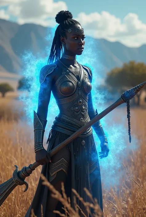 a black female warrior who has a blue colour around her and can control time and space and from south africa