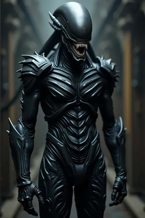 Armor is pvc-black, lower half of mask modeled after the teeth of H.R. Gigers xenomorph alien from Alien film - sharp silver teeth, hissing, clenched teeth, Yautja-predator-mask