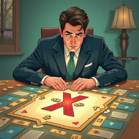 Illustrate a person playing a different board ,  where the dice are falling into debt instead of wealth .  this place on the board is represented by money with a red x on top