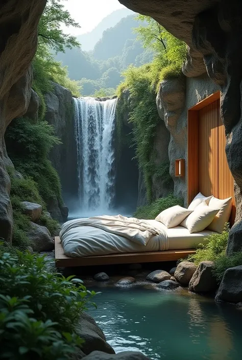 mattress in home behind water fall