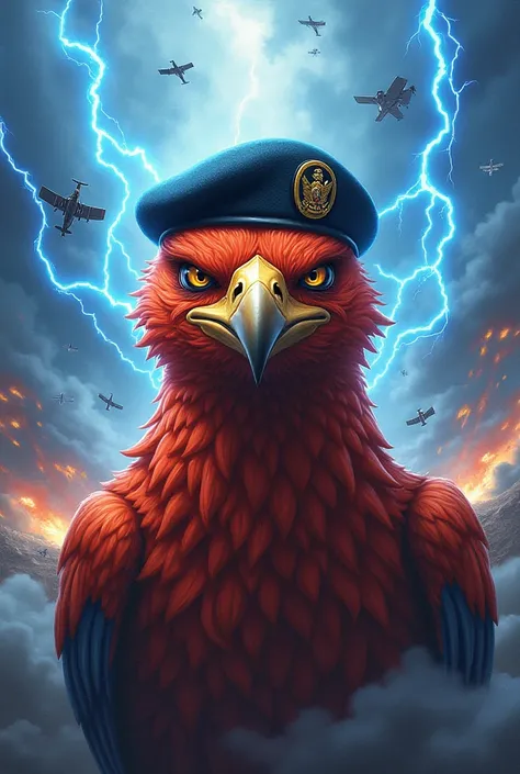 Ferocious Phoenix bird with an angry face and military beret shrouded in blue flames and lightning with planes carrying out a background attack