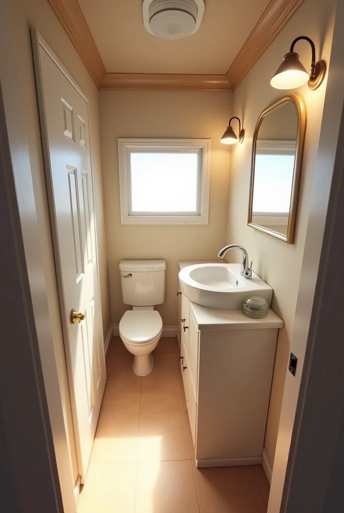  generates an image with the following characteristics :
Half bathroom of 1 .2m x 1 . 8m with overhead lighting on the left side ,  entrance on the shorter side and a window on one side of the door