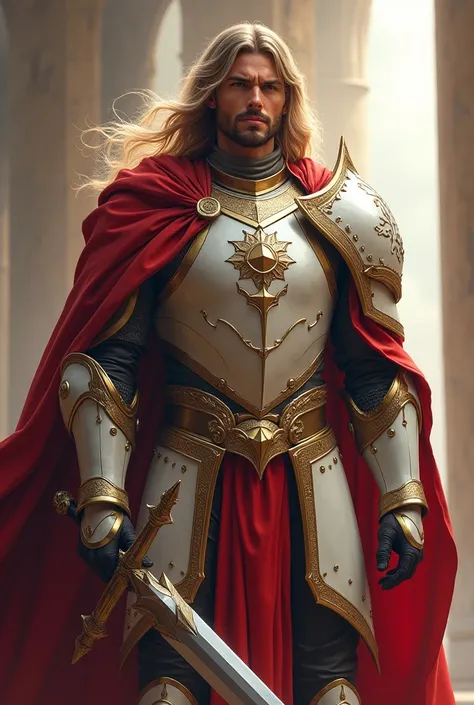  Create a paladin who is handsome and charismatic and has long hair, who wears full armor with the colors white and red 