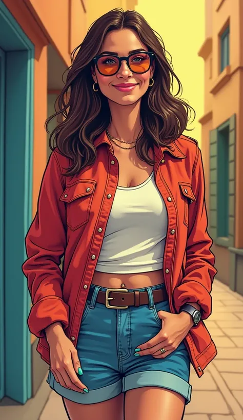 DISCREET image. with discreet casual clothes. image adult woman, american, comic book style. SHE IS HAPPY AND GRATEFUL, with a discreet smile. IMAGES WITH VIBRANT COLORS. with Colorful background