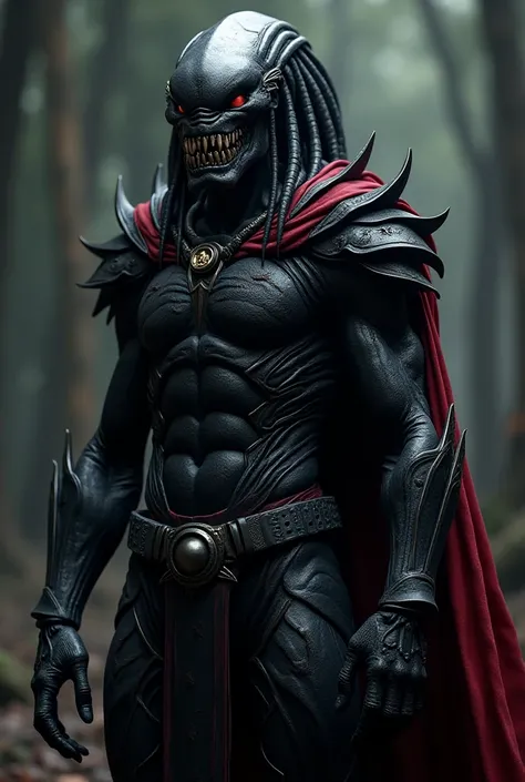 A Predator/Yautja in all-black armor, wearing the Serpent Hunter Yautja Predator mask, with a tattered, scarlet-red shoulder cape over his right shoulder. Every piece of of armor and the mask are pitch-black.Armor is pvc-black, lower half of mask modeled a...