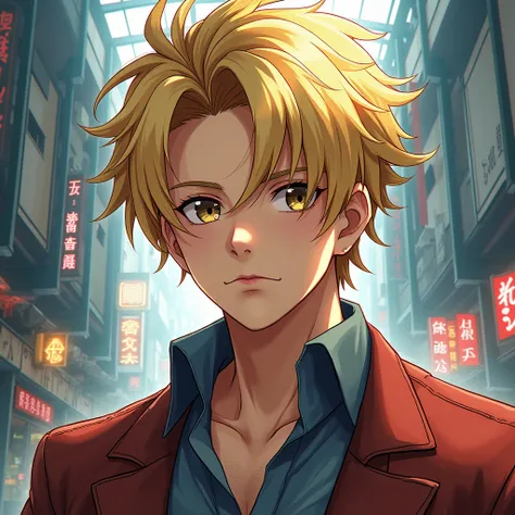 man, young,  blond hair ,  brown eyes , handsome, anime style dandadan