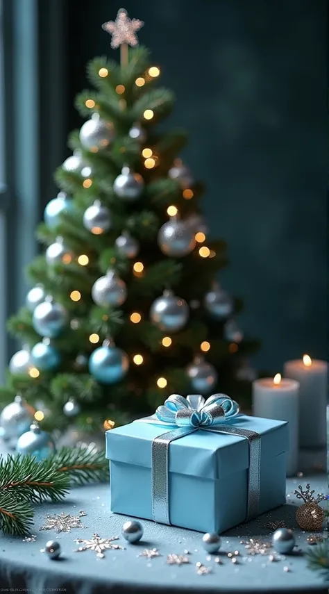 Christmas tree with light blue and silver shiny Christmas balls.gift in a box ,  neatly wrapped in matte blue paper with shiny silver ribbons.   photographic quality ,  superb detail ,  realistic photos 8k , sharp focus,  high resolution , сверх high resol...