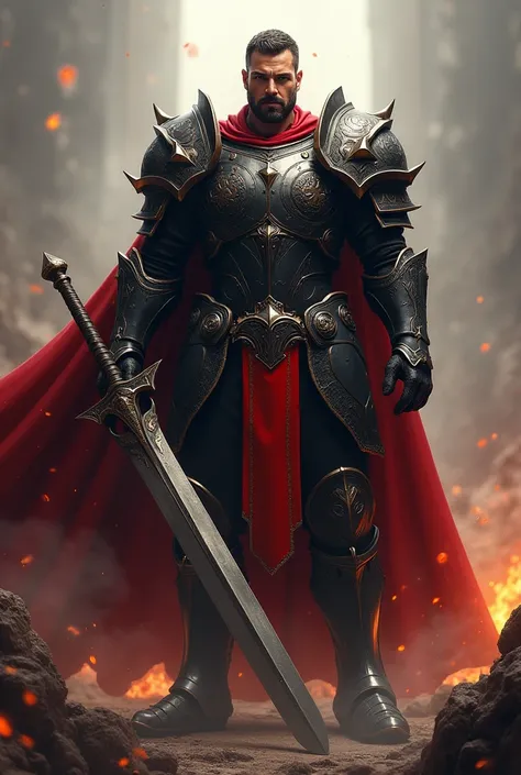 Create a handsome and charismatic paladin ,  who wears full armor with the colors black and red and fights with a giant sword 