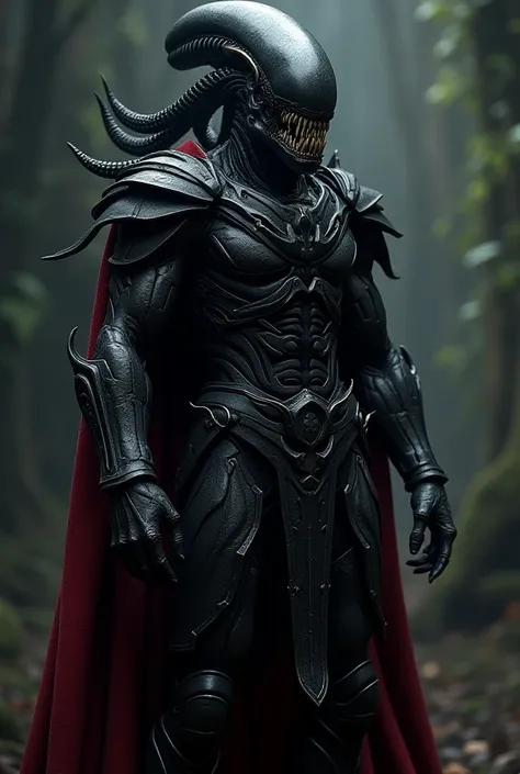 A Predator/Yautja in all-black armor, wearing the Serpent Hunter Yautja Predator mask, with a tattered, scarlet-red shoulder cape over his right shoulder. Every piece of of armor and the mask are pitch-black.Armor is pvc-black, lower half of mask modeled a...