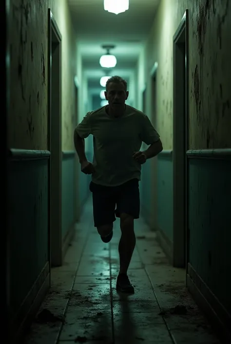 Man running in a dark corridor of a house 