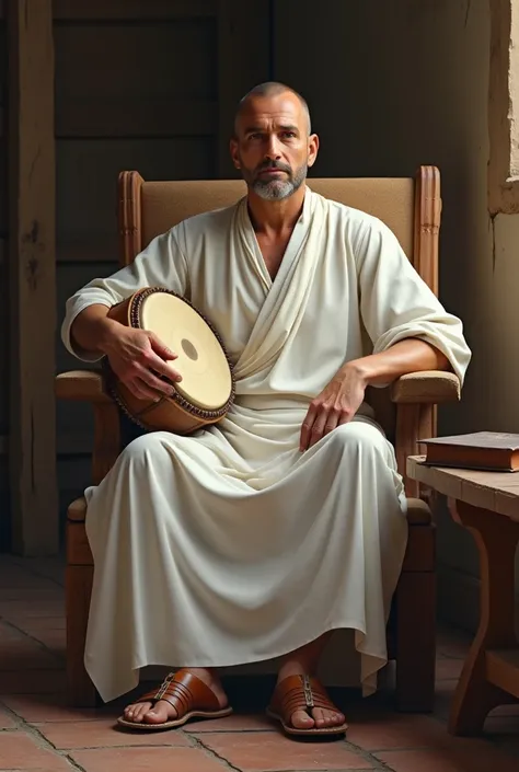 white man, middle-aged, without mustache, dressed in white clothes, leather sandals, sitting on a large chair.  there is a drum in his left hand and a bible on the right side, on a wooden table.