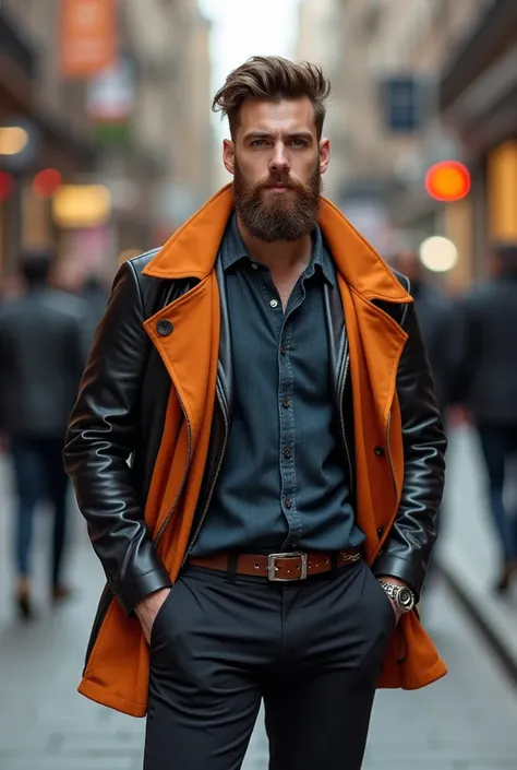 30-year-old man with discolored hair, big beard,  Cabello Rubn urban and modern calendar for a mens clothing store called Rebeldía Alfa.  The image must show a male model with a confident attitude ,  wearing clothes from the store :  pants , shirts,  jacke...