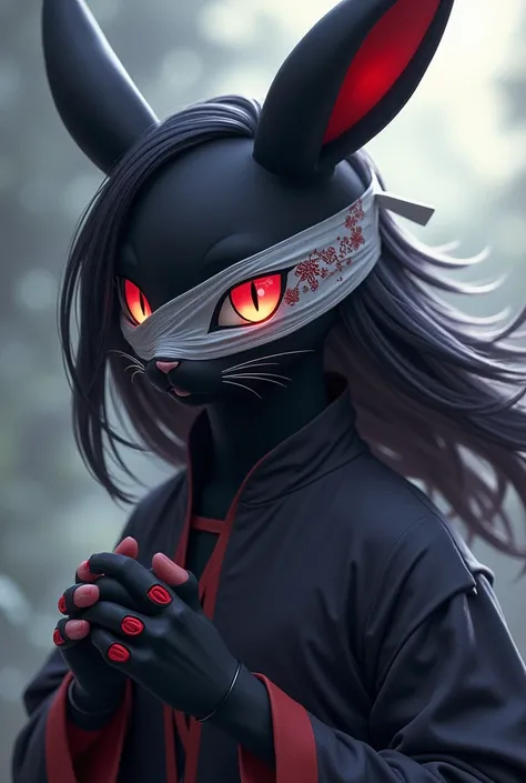 Um Umbreon, with black hair and wearing a white bandage with red details on her eyes, wearing a Chinese robe and protectors on her fingers 