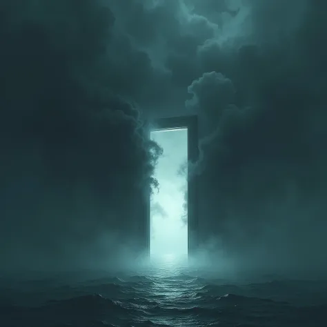 An open door floating above the sea from which dark fog comes