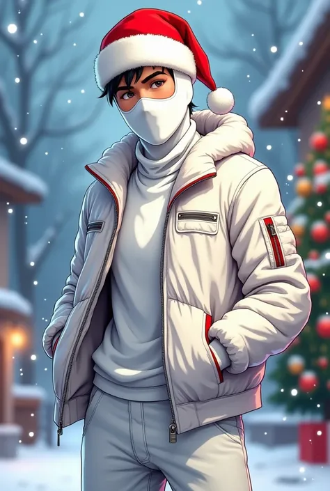 "Create an image of a young male character with a cool and charismatic appearance, inspired by Gang Member with white balaclava. He is wearing a casual, stylish white jacket and pants with a white shirt underneath, but with a festive twist. Place a red San...