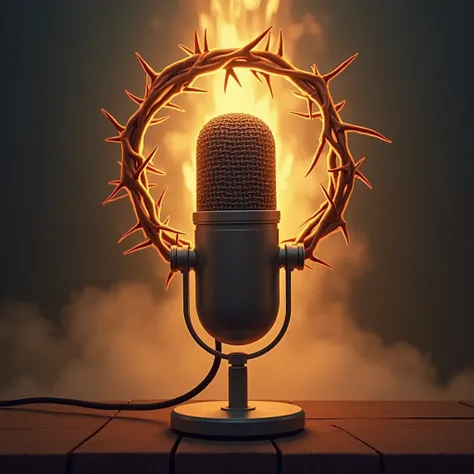  Create a picture that represents a light fire .  It shows a podcast microphone and the crown of thorns. The title is Beacon  