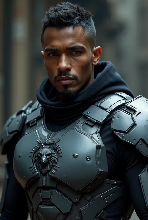 Handsome black man, short kept black hair, dark-brown eyes, science fiction, dark-gray futuristic soldier armor, wolf symbol, black hood, lean. 