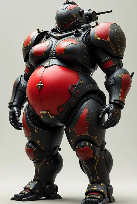 Armored vehicle, mainly black and red with some gold highlights, tanky but not too tanky, large boobs, really wide hips, humongous ass, gigantic boobs, voluptuous, overweight