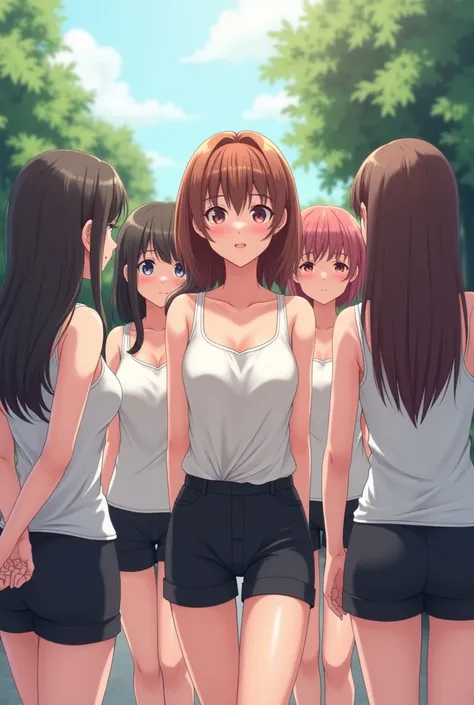 5 17-year-old girls ,  sleeveless shirt,  all 5 of them wearing short black pants, The 5 hands behind the back , anime,  embarrassed , walking, curves