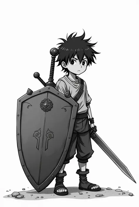  a boy of about   (anime style and boy ) with black hair and ragged clothes ,  with legendary sword and shield, Let it be Mono (color image)