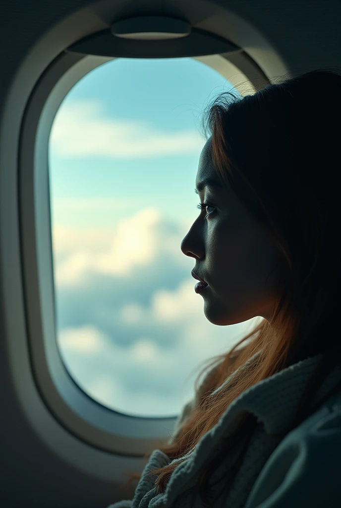 A dreamy photo of someone staring out of an airplane window with clouds in the background.