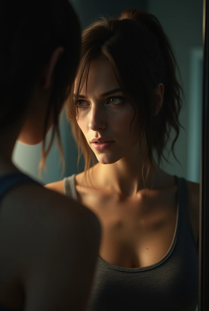 cinematic shot of hot jill valentine from resident evil with a grey tank top looking into a mirror, ray of light, highly detailed face
