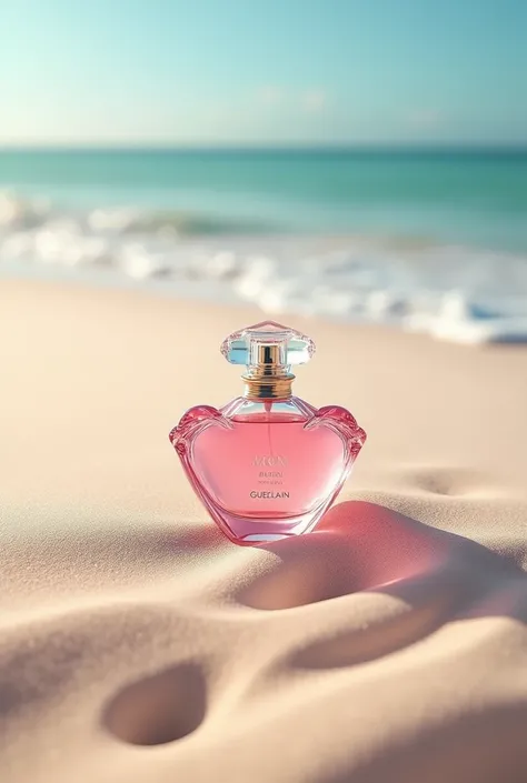 Mon guerlain pink pafum advert, the perfume bottle in the sand of the beach, refreshing poster
