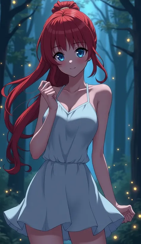     woman, ponytail, long  red hair, strong body, navy blue eyes,  smile , white drees, on a forest lit by fireflies at night  [[[  high quality ]]][[[ tall details ]]] Ultra HD,   High resolution , anime style, mouth closed, looking at the viewer,fighting...