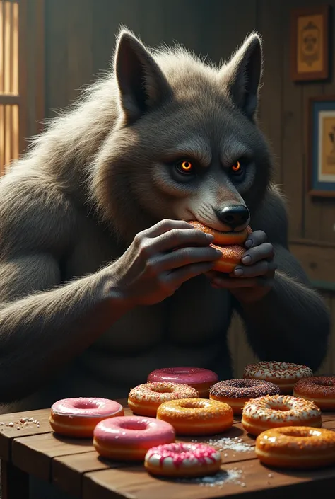 600 pound furry werewolf woman seating at a table eating donuts 