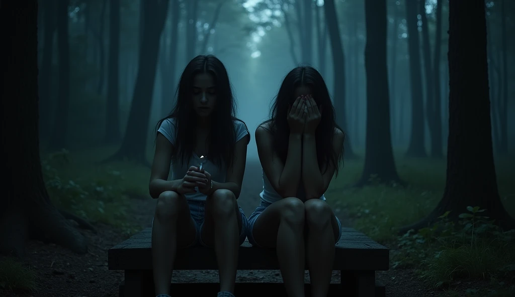 "A chilling scene set in a desolate forest at night, where two 20-year-old girls sit on a few wooden stairs in the middle of the woods. There are no houses or signs of life around. One girl holds a cigarette in her hand, while the other covers her face wit...